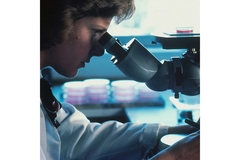 Image Female scientist in lab looking through microscope